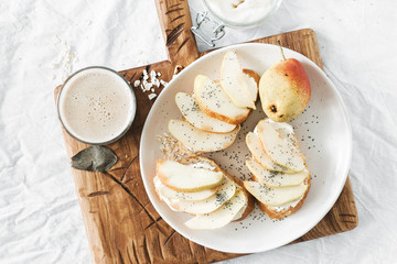 Sandwiches cream cheese pear oat milk Healthy breakfast snack board