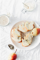 Sandwiches cream cheese pear oat milk white background healthy breakfast snack