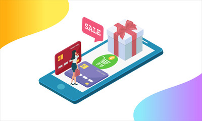 Shopping online by cash and credit card for customer, Online store or e-commerce store concept on smart device. Isometric Illustration.
