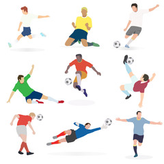 Fototapeta na wymiar Set of trend vector illustration of soccer football players in many action (goal keeper, defender,midfield and striker). Picture on white background.