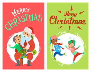 Boy sitting and speaking with Santa Claus. Smiling adults skating in hot hat and jacket with trousers. Merry Christmas greeting paper card vector