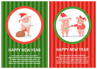 Postcard happy New Year with pigs. Smiling piggy in Santa red hat holding bag. Boy in cap holding gift box and hand of girl with bow and jersey vector