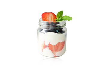 Strawberry yogurt, blueberry, kiwi, placed in a glass cup, placed on the table, clipping, path.