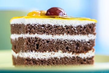 Biscuit cake with fruit tops photographed close-up on wooden background.