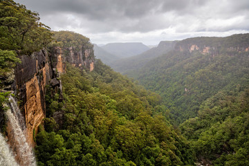 Fototapeta na wymiar Fitzroy water falls thundering over rock face into forested canyon in Kangaroo Valley, NSW, Australia