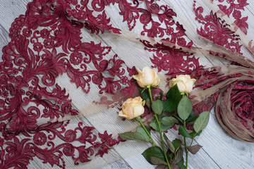 The texture of lace on wooden background