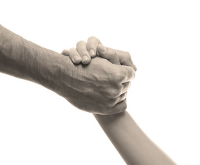 Man and woman holding hands on white background, closeup. Help concept