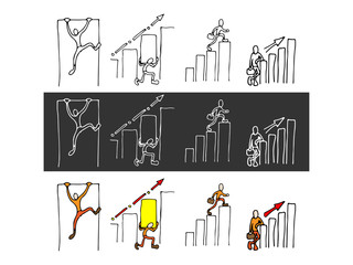 Set of vector illustrations, icons on the theme of business and infographics, people go to the leaders, overcome difficulties. Teamwork icons