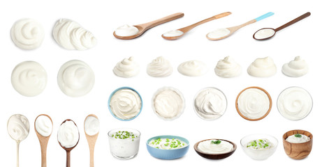 Set of delicious sour cream in dishware on white background - obrazy, fototapety, plakaty