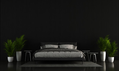 Minimal bedroom interior design and black wood stripe texture wall pattern background 