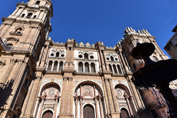 West elevation of Malaga Cathedral & Facade of Palacio Episcopal, Malaga, Andalucia, Spain