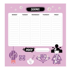 Vector weekly planner with japanese icons in cartoon style 