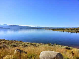 landscape with lake and blue sky