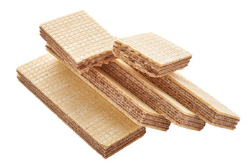 Heap of rectangular shaped wafer biscuits and one broken halved into two pieces