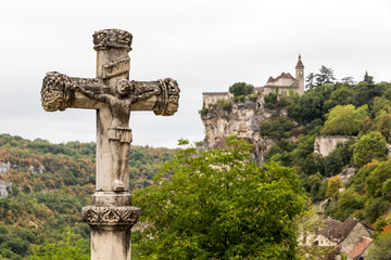 Rocamadour, France. Village on a cliff on the gorge of Dordogne river, with the Sanctuary of the Blessed Virgin Mary (Cite religieuse sanctuaire)
