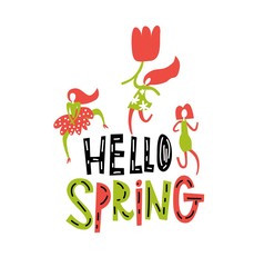 Vector Hello, Spring sign, emblem with hand drawn lettering and flowers on white background