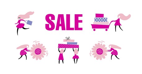 Concept Sale banner with girls running with shopping in cartoon style