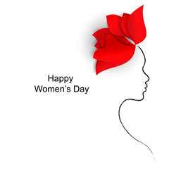 Bright red flower and a silhouette of a woman's face on a white background with the words Happy Women's Day