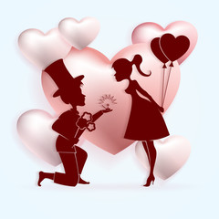 Light composition of a boy in a hat and girls with balloons,