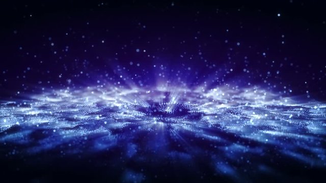 4K Abstract motion background animation shining particles stars sparks and magic dust forming in space wave flow with light rays and projections seamless loop