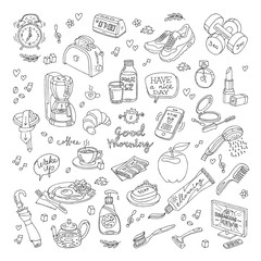 Vector lineillustration of morning with white background. Morning and breakfast handmade color sketch. Drawing icons with coffee, tea, toothpaste, shoes and more symbols.
