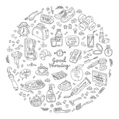 Handmade vector draw doodle illustration of morning and breakfast in circle shape.