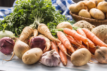 Assortment of fresh vegetables on wooden table. Carrot parsnip garlic celery onion and kohlrabi