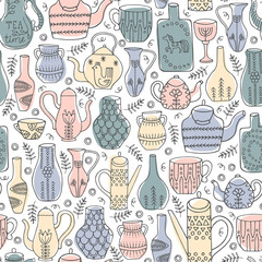 Vector seamless pattern of retro teapots, jugs and mugs with a variety of patterns. Hand-drawn color illustration.