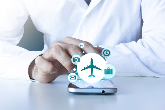 mani, telefonino, applicazione, prenotare, volo, biglietto