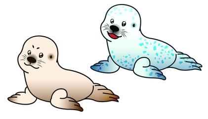 A cupple of little seal in different colors