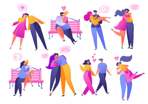 Set of people in love. Valentine dating set. Romantic vector illustration on love story theme. Happy flat people character embrace and kiss. Lifestyle concept on Valentine Day theme. Network concept.