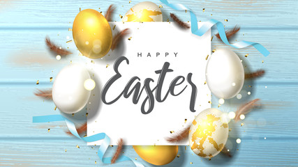 Fototapeta na wymiar Festive banner for Happy Easter. Beautiful banner with realistic white and gold Easter eggs, sparkling golden confetti, satin ribbons and chicken feathers. Holiday vector illustration.
