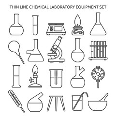 Chemical laboratory equipment line icons. Beaker and flask, test tube and retort science isolated silhouettes, pharmaceutical lab, vector illustration
