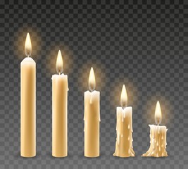 Burning candles. Burn isolated candle objects, flicker church candles at different stages of burning vector illustration