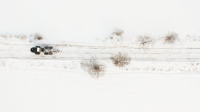 Top view aerial shot of winter in Polish village