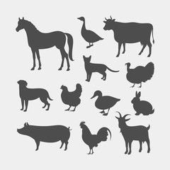 Farm animals silhouettes. Horse, cow, pig, goat, rabbit, cat, dog, goose, chicken, duck, rooster, turkey vector silhouettes