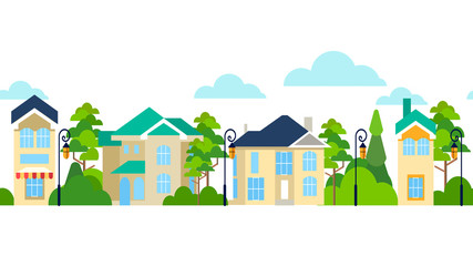 Seamless pattern. Street of houses and trees. Infinite city. In minimalist style. Flat isometric
