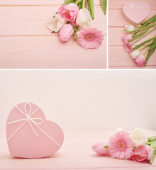 Valentine's day composition pink gift box with flowers. Valentine card. Greeting card template. Space for text. Concept of Happy Valentine's day. Mother's day card. Spring flowers on pink background