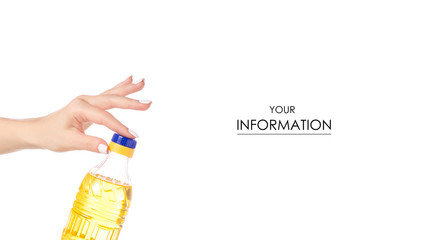 Bottle of sunflower oil in a hand pattern on a white background isolation