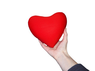 Woman holding red heart on white background