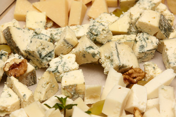 Dorblu cheese with nuts and mint close-up