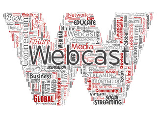 Vector conceptual webcast or webinar letter font red communication online network education word cloud isolated background. Collage of future presentation seminar, multicast global streaming concept