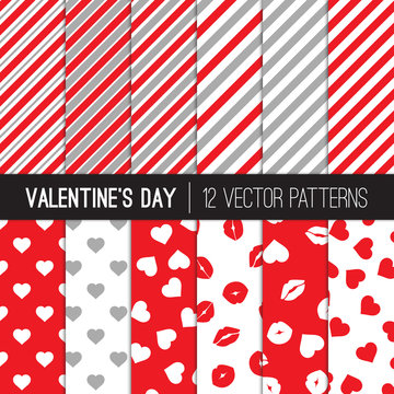 Valentine's Day Patterns with Red, White and Gray Stripes, Hearts, Lips and Kisses, Lipstick Marks. Cute Romantic Background Textures. Variable Width Striped Patterns. Vector Tile Swatches Included.