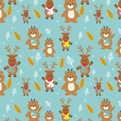 Seamless background. Pattern with doodle cute bear and deer