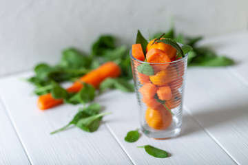 Carrot juice. Fruit and vegetable mix. Vegan Breakfast