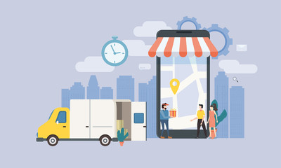 Concept Online delivery service, tracking online tracker, landing page. Tiny people, a truck with a delivery man, a man and a woman buyers, a package delivery, smartphone, a stopwatch. Internet