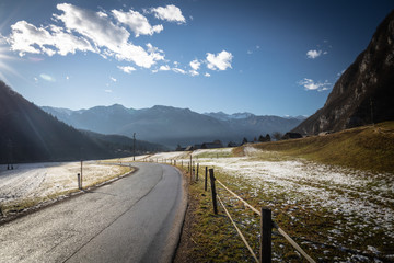 scenic mountain valley road in julian alps in winter, slovenia