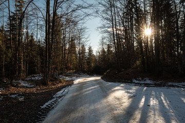 beautiful countryside in winter time in uskovnica with snowy road, slovenia