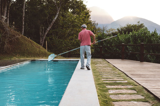 Rear view of man cleaning swimming pool against plants