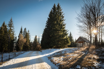 beautiful wooden hayrack in julian alps on sunny day, uskovnica,  slovenia